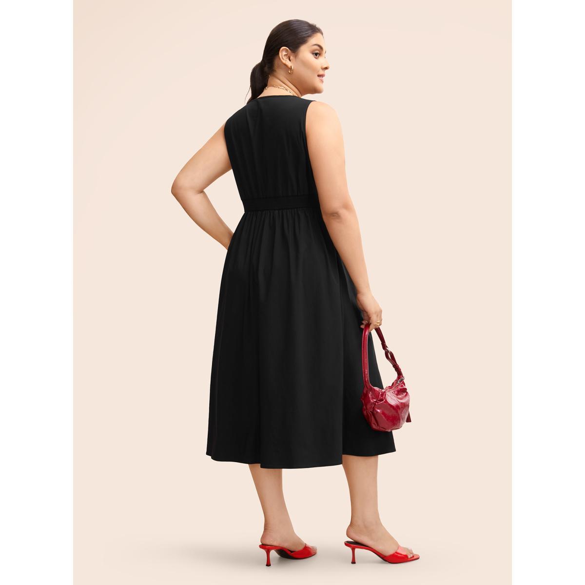 Plus Size Stretch Woven Vest Flare Midi Dress Black Women At the Office Button Suit Collar Sleeveless Curvy BloomChic 18-20/2X Product Image