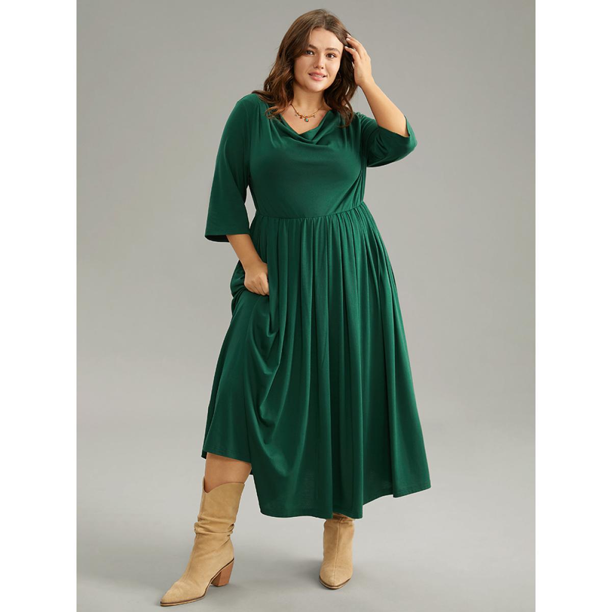 Plus Size Supersoft Essentials Solid Cowl Neck Pocket Dress DarkGreen Women Casual Plain Cowl Neck Elbow-length sleeve Curvy Midi Dress BloomChic 26/4X Product Image