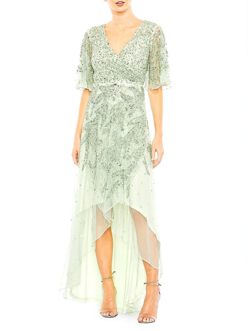 Mac Duggal Beaded Short Flutter Sleeve Surplice V-Neck High-Low Faux Wrap Gown Product Image