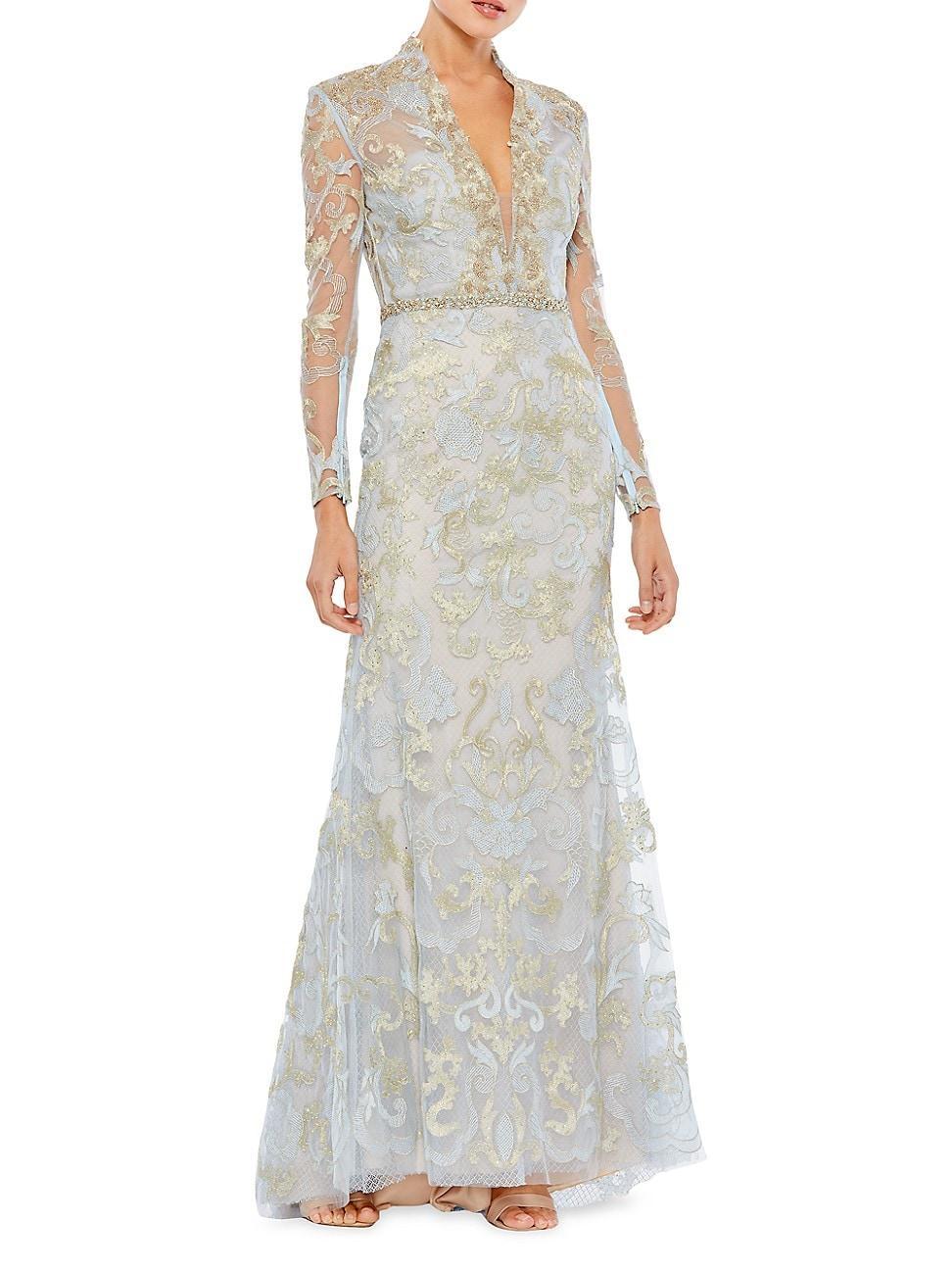 Mac Duggal Sheer Long Sleeve Deep V-Neck Applique A Product Image