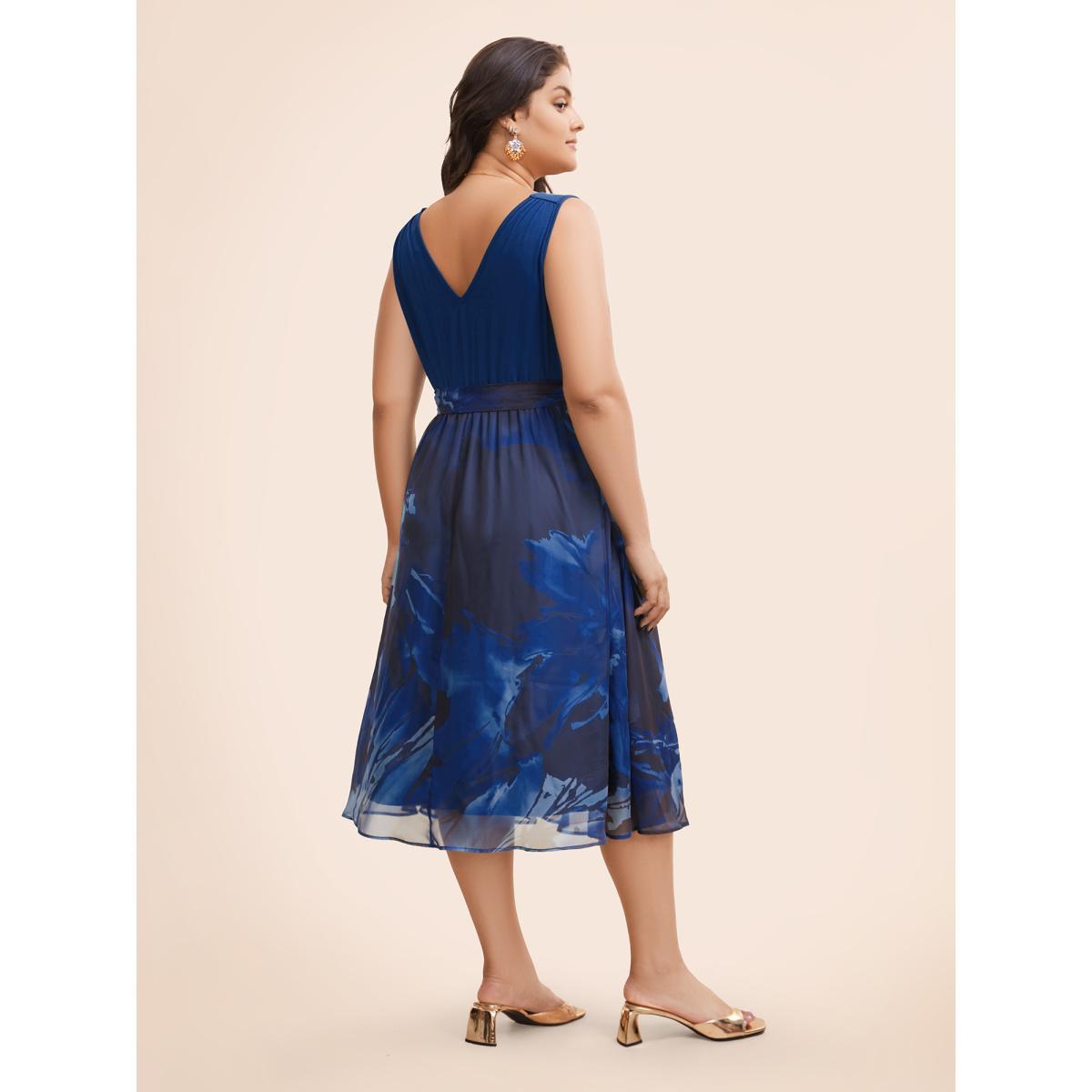 Plus Size Floral Print Belted Patchwork Pocket Tank Dress Navy Women Glamour Wrap Overlap Collar Sleeveless Curvy Midi Dress BloomChic 10/M Product Image