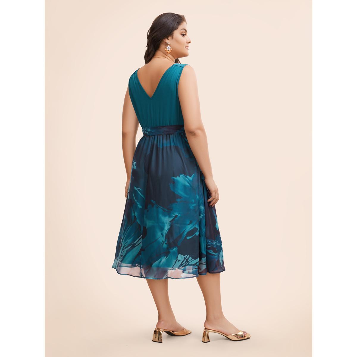 Plus Size Floral Print Belted Patchwork Pocket Tank Dress Aegean Women Glamour Wrap Overlap Collar Sleeveless Curvy Midi Dress BloomChic 28/5X Product Image