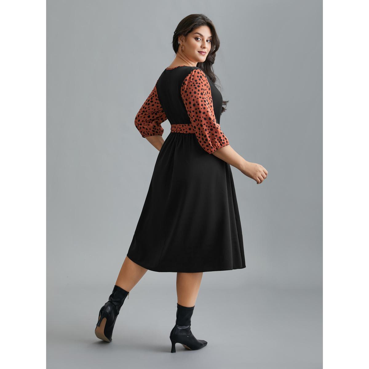 Plus Size V Neck Polka Dot Color contrast Dress Black Women Elegant Belted V-neck Elbow-length sleeve Curvy BloomChic 14-16/1X Product Image