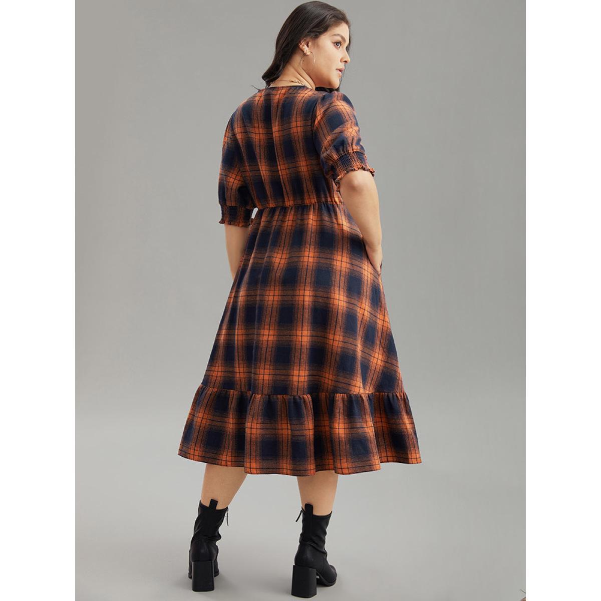 Plus Size Plaid Shirred Ruffles Pocket Dress Orange Women Elegant Printed V-neck Short sleeve Curvy Midi Dress BloomChic 28/5X Product Image
