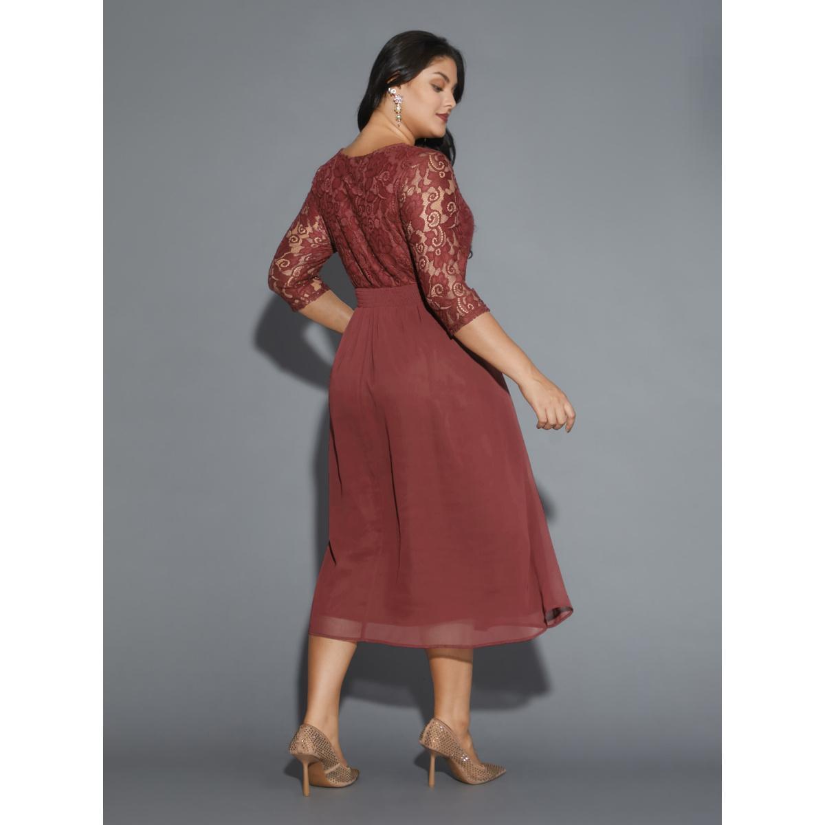 Plus Size Lace Patchwork Shirred Midi Pocket Dress Russet Women Cocktail Woven ribbon&lace trim Round Neck Elbow-length sleeve Curvy BloomChic 14-16/1X Product Image