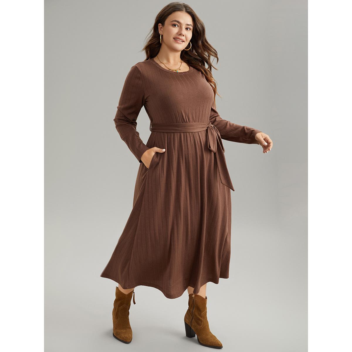 Plus Size Plain Rib Knit Belted Pocket Dress DarkBrown Women Elegant Plain Round Neck Long Sleeve Curvy Midi Dress BloomChic 26/4X Product Image