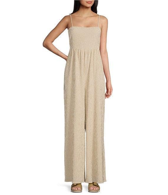 Sadie & Sage In The Clouds Woven Stripe Spaghetti Strap Tie Back Wide Leg Jumpsuit Product Image