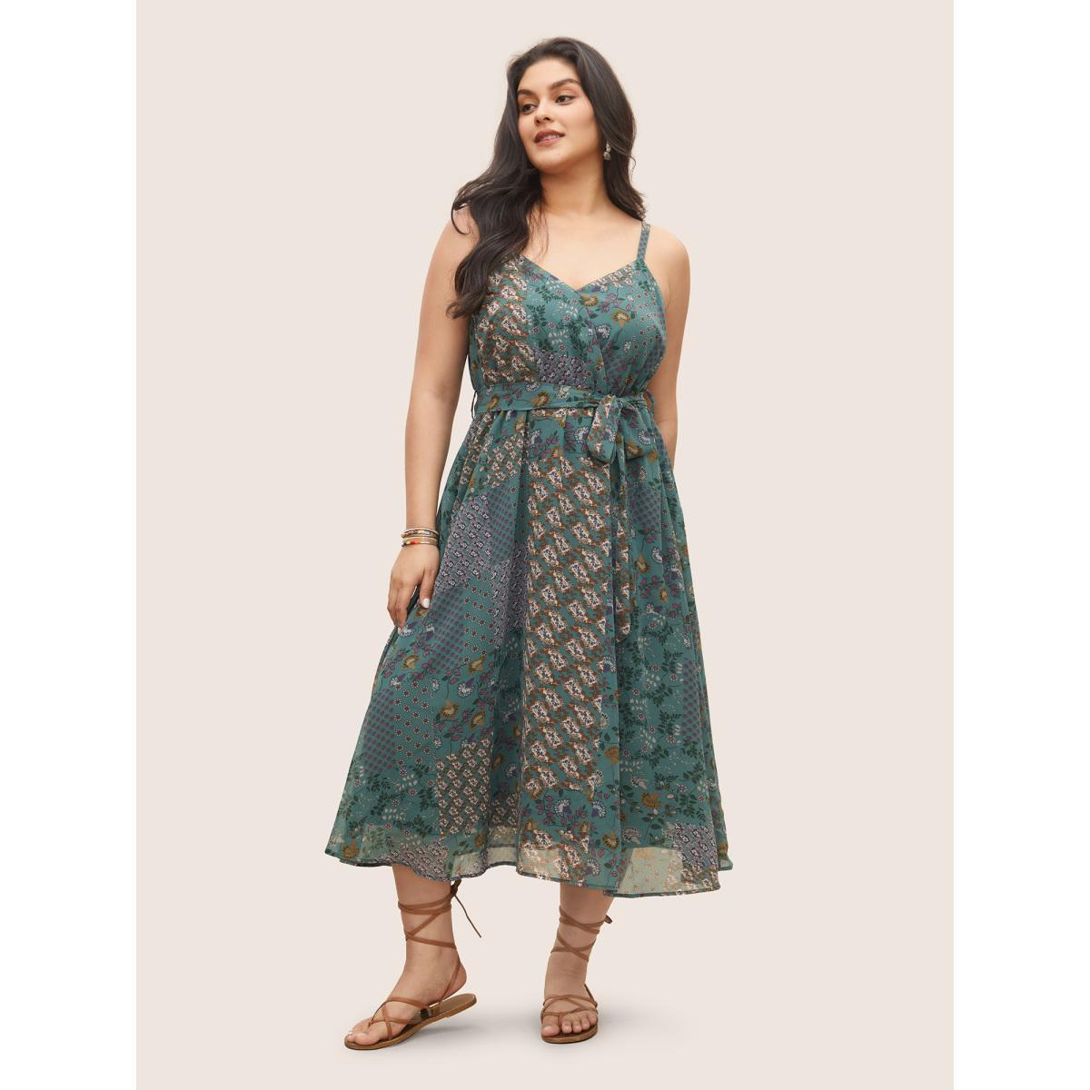 Plus Size Chiffon Boho Print Wrap Belted Cami Dress Emerald Women Elegant Non Spaghetti Strap Sleeveless Curvy Midi Dress BloomChic 12/L Product Image