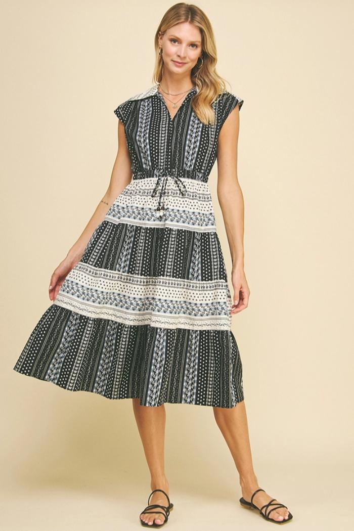 Mara Print Contrast Tiered Midi Dress Product Image