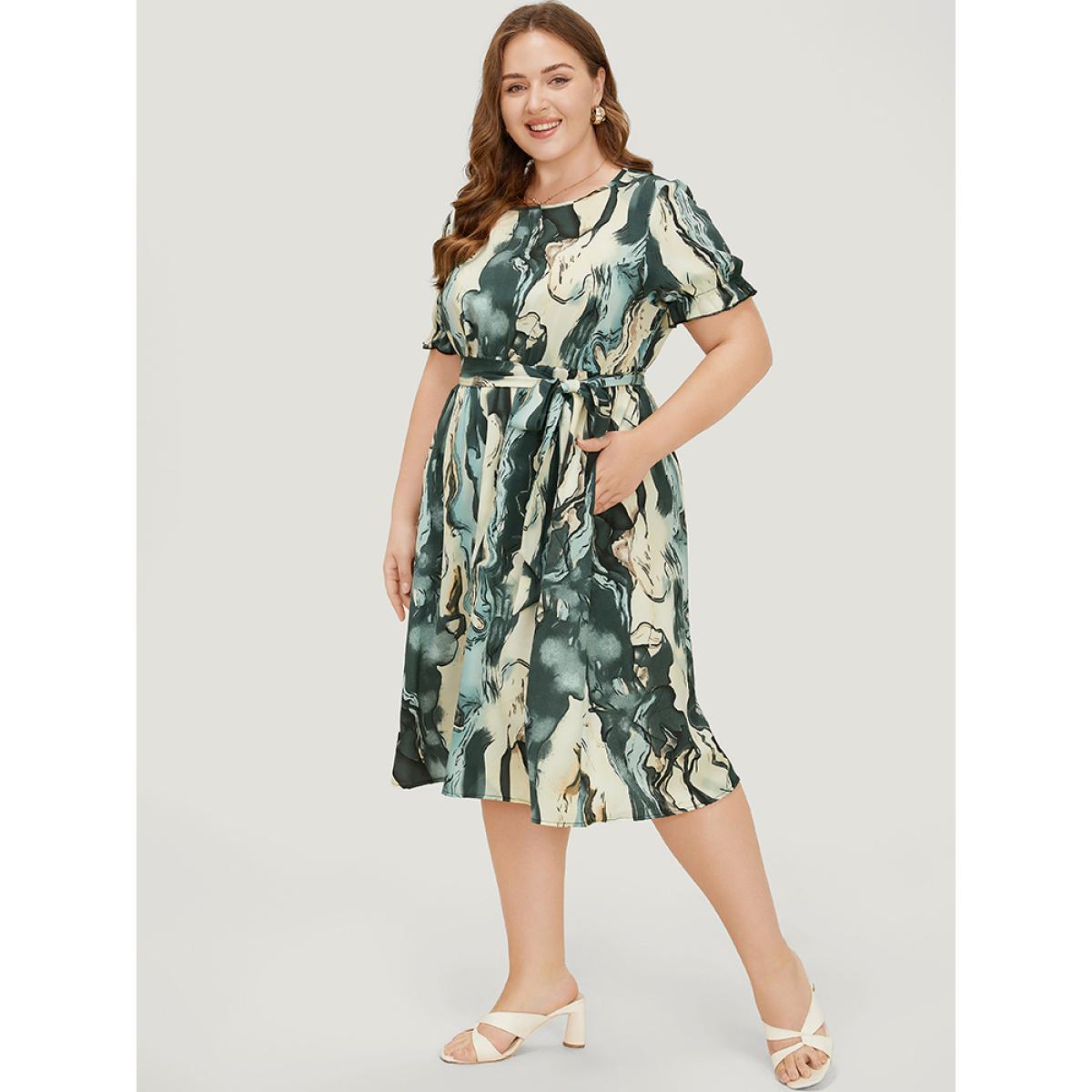 Plus Size Water Ripple Pocket Belt Puff Sleeve Dress Multicolor Women Elegant Round Neck Short sleeve Curvy Midi Dress BloomChic 12/L Product Image