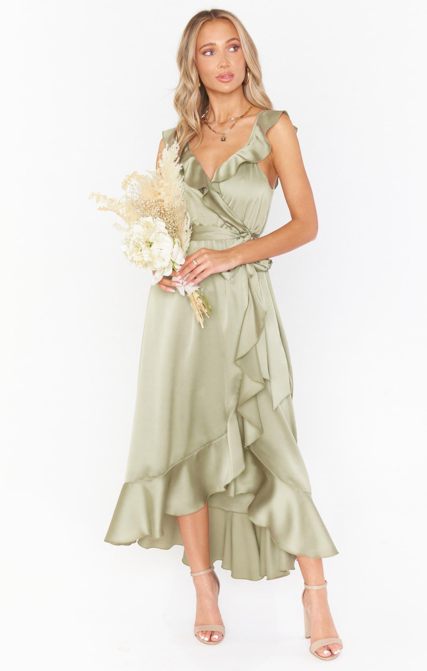 Samantha Ruffle Wrap Dress ~ Rose Gold Luxe Satin Product Image