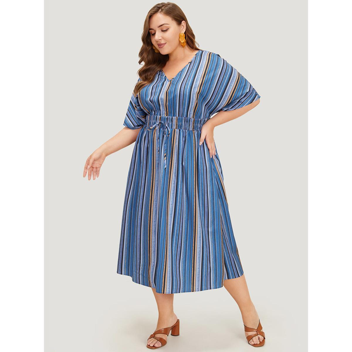 Plus Size Striped Contrast Pocket Knot Shirred Batwing Sleeve Dress Indigo Women Vacation Gathered V-neck Short sleeve Curvy Midi Dress BloomChic 28/5X Product Image