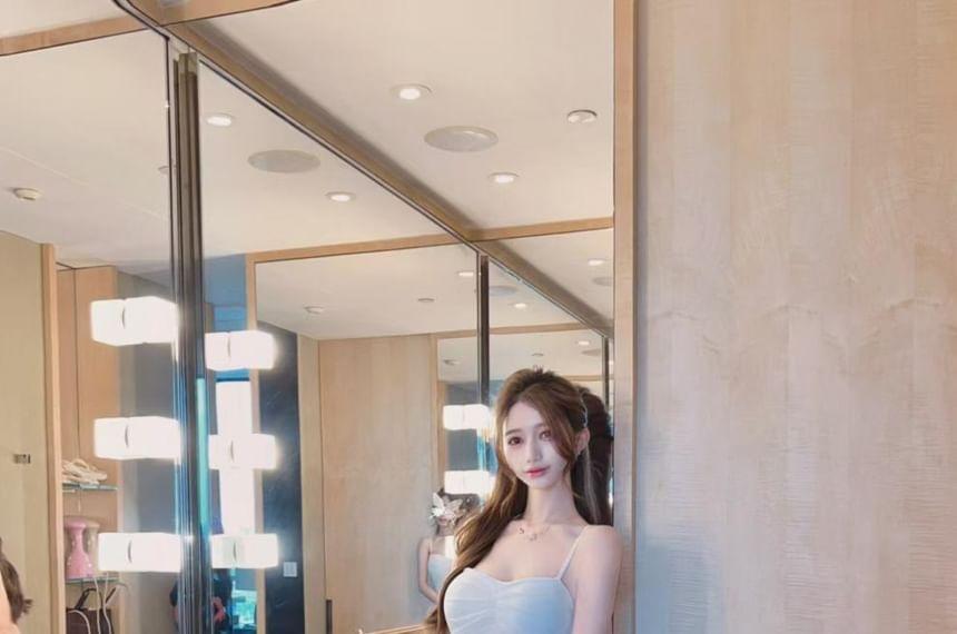 Spaghetti Strap Plain Ruched Mini Bodycon Dress Product Image