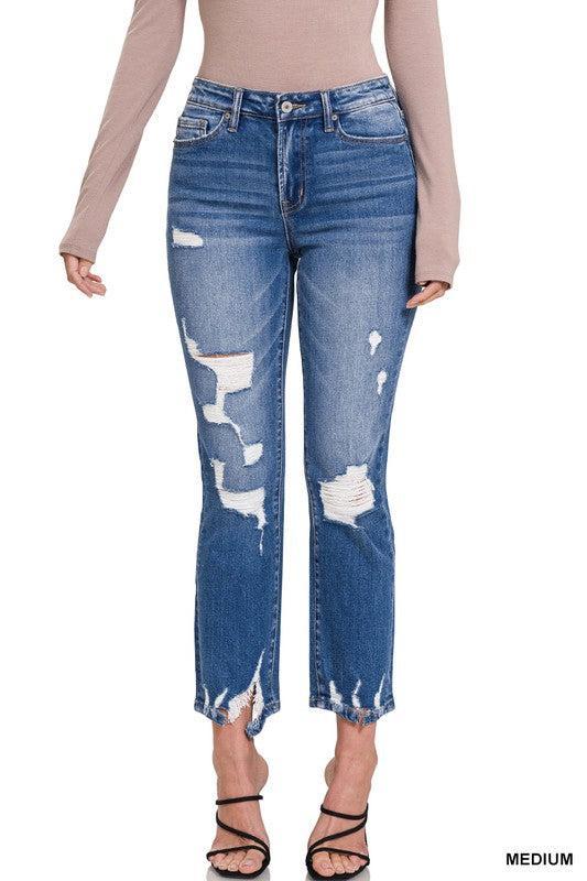 Kayden Distressed Raw Hem Straight Cropped Capri Jeans by Zenana Product Image