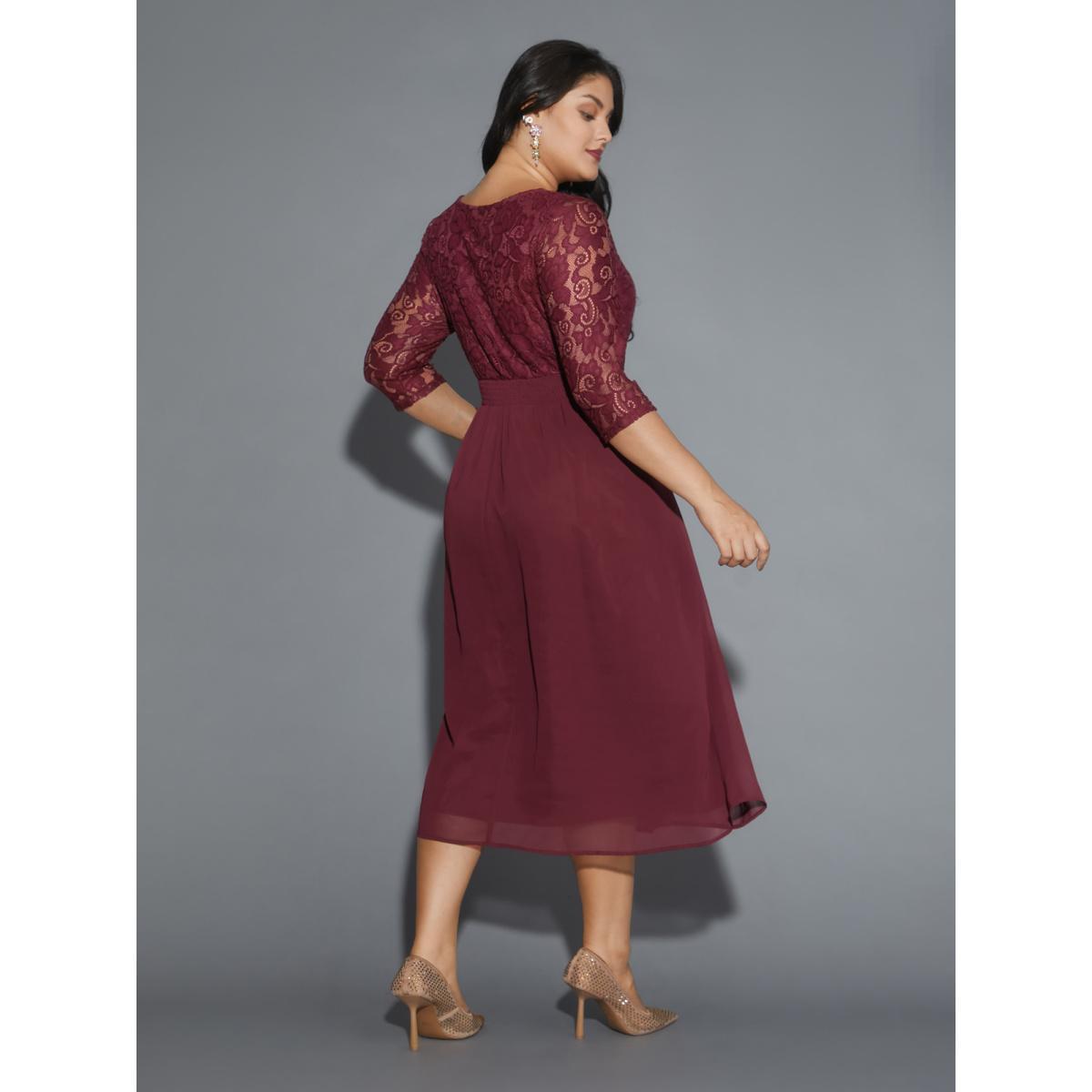 Plus Size Lace Patchwork Shirred Midi Pocket Dress Burgundy Women Cocktail Woven ribbon&lace trim Round Neck Elbow-length sleeve Curvy BloomChic 26/4X Product Image