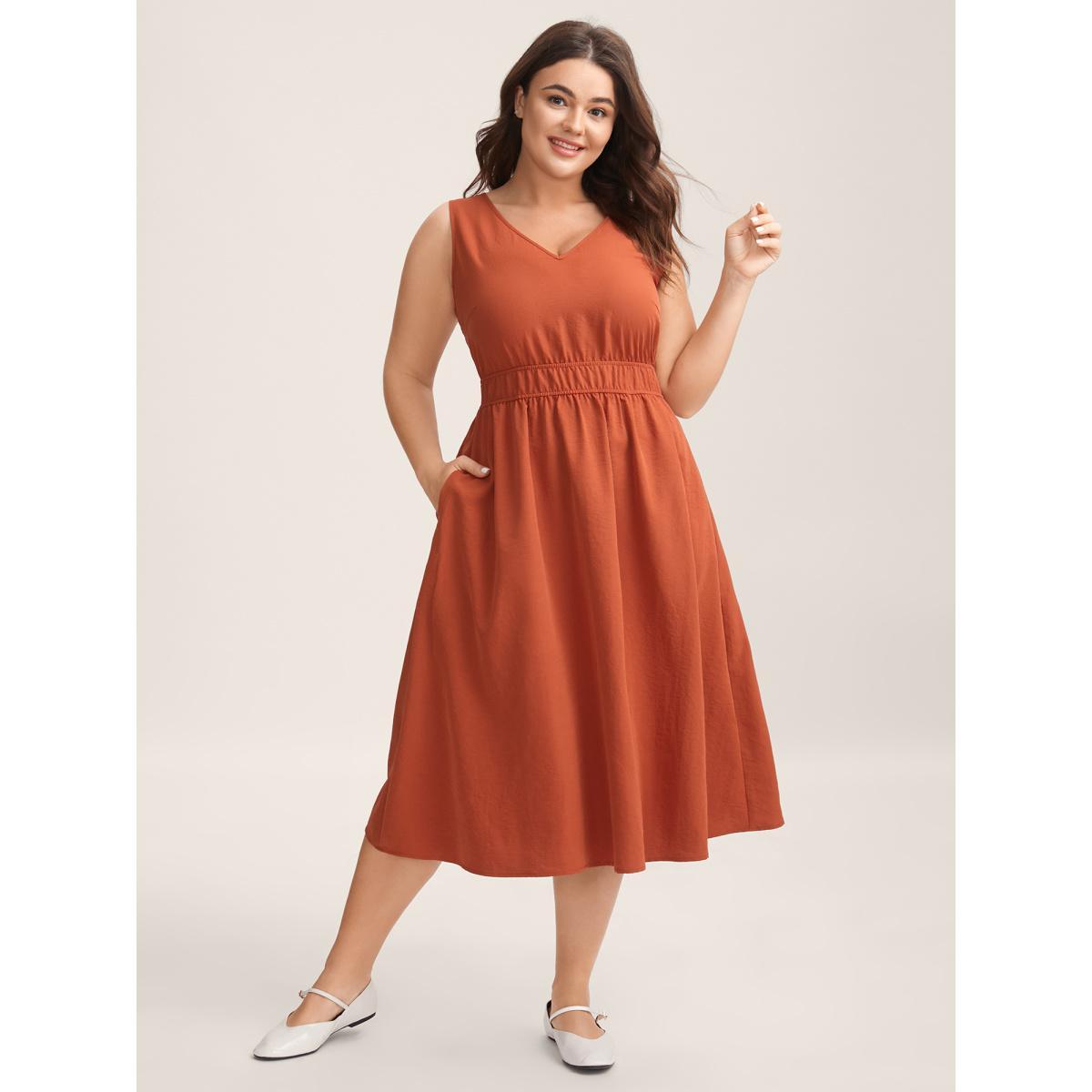 Plus Size Stretchy Waist Solid Pockets Midi Dress Rust Women V-neck Sleeveless Curvy BloomChic 12/L Product Image