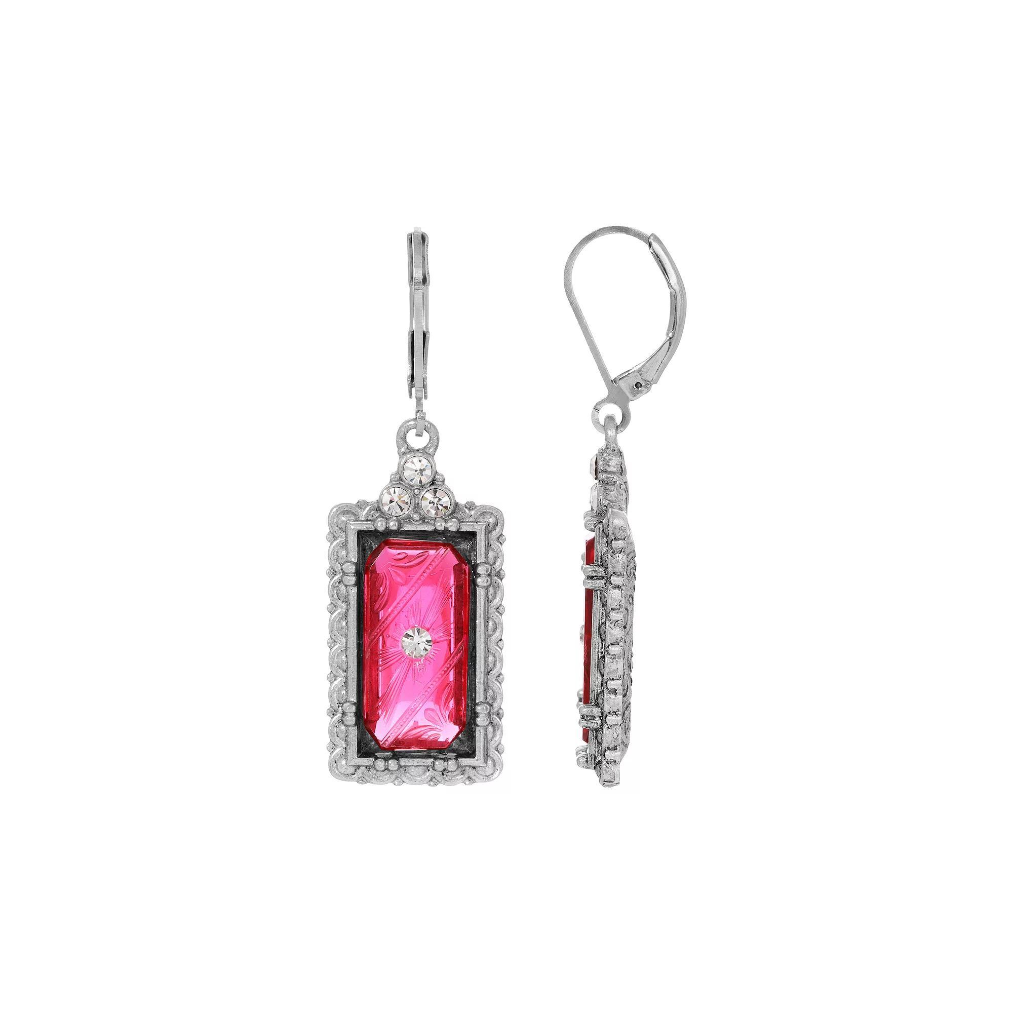 1928 Silver Tone Rectangle Simulated Crystal Stone Earrings, Womens, Pink Product Image