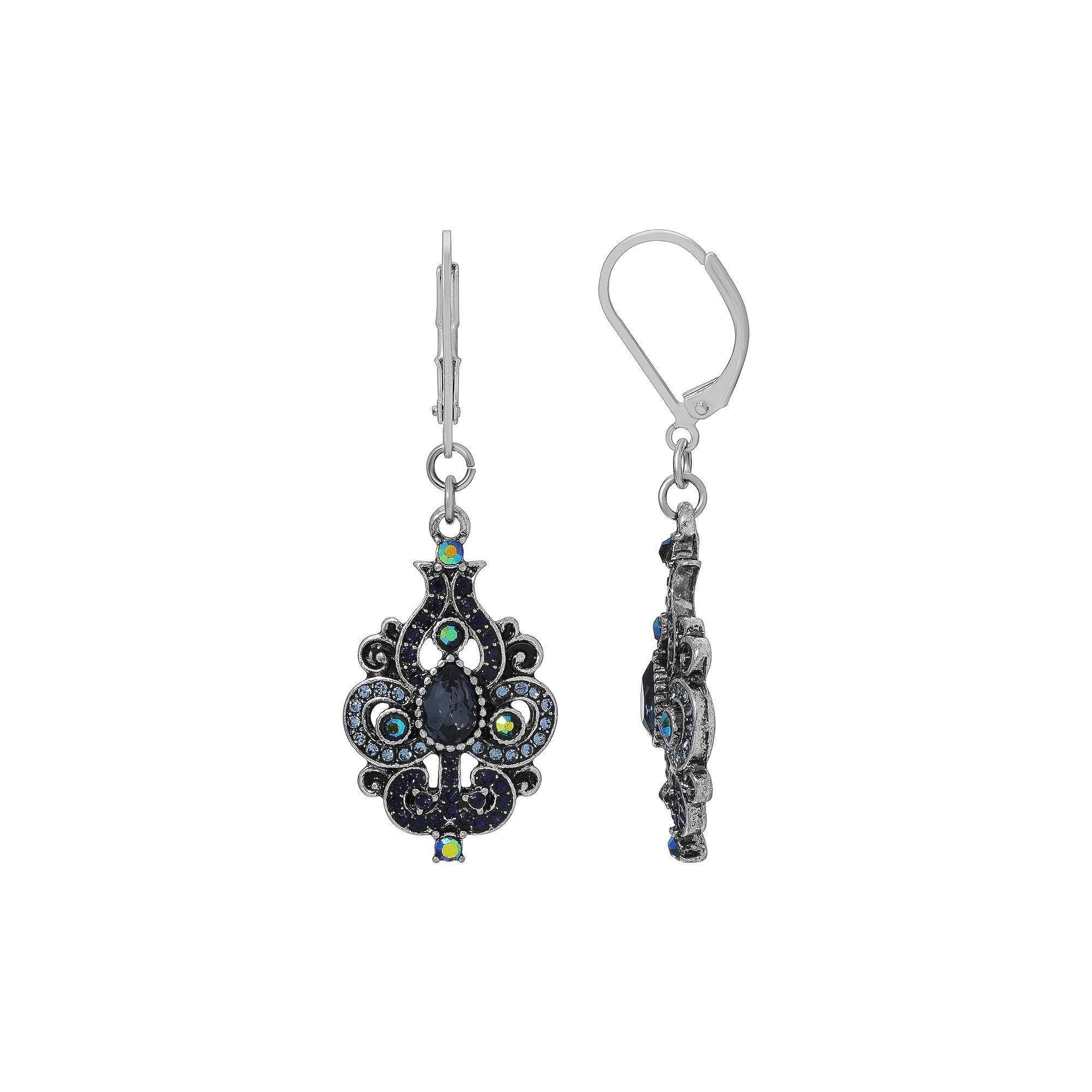 1928 Silver Tone Blue Aurora Borealis Crystal Oxidized Filigree Drop Earrings, Womens Product Image