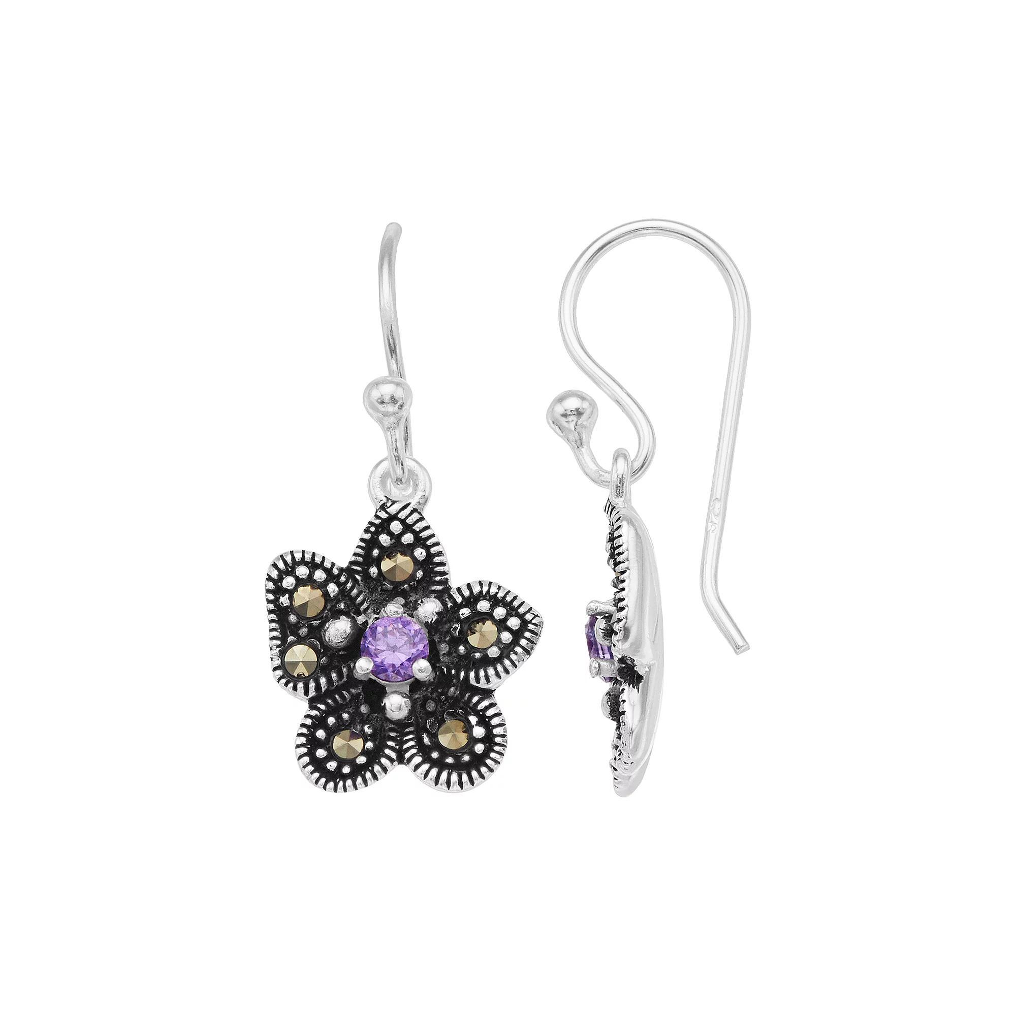 Tori Hill Sterling Silver Marcasite & Purple Glass Flower Drop Earrings, Women's Product Image