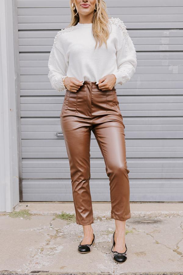 The Luna High Waist Faux Leather Trousers In Chocolate Product Image