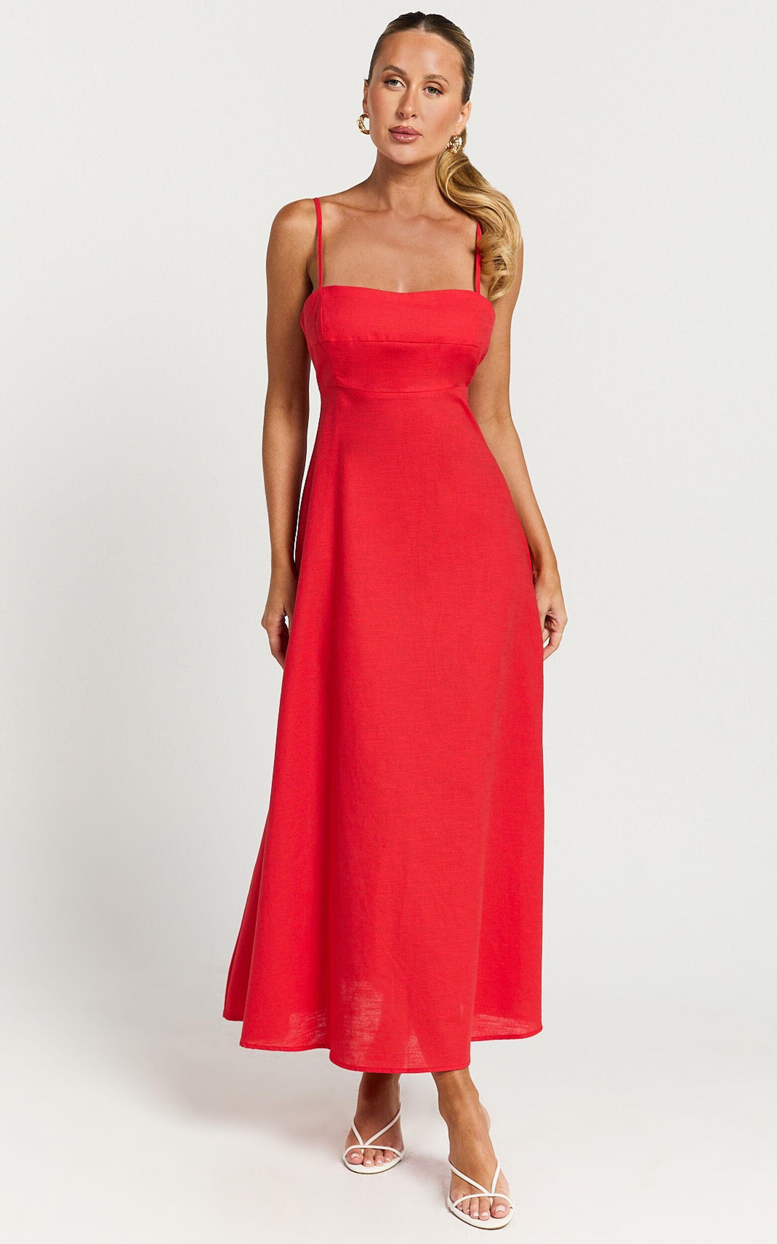 Brette Midi Dress - Linen Straight Neck Strappy Fit And Flare Dress in Red Product Image