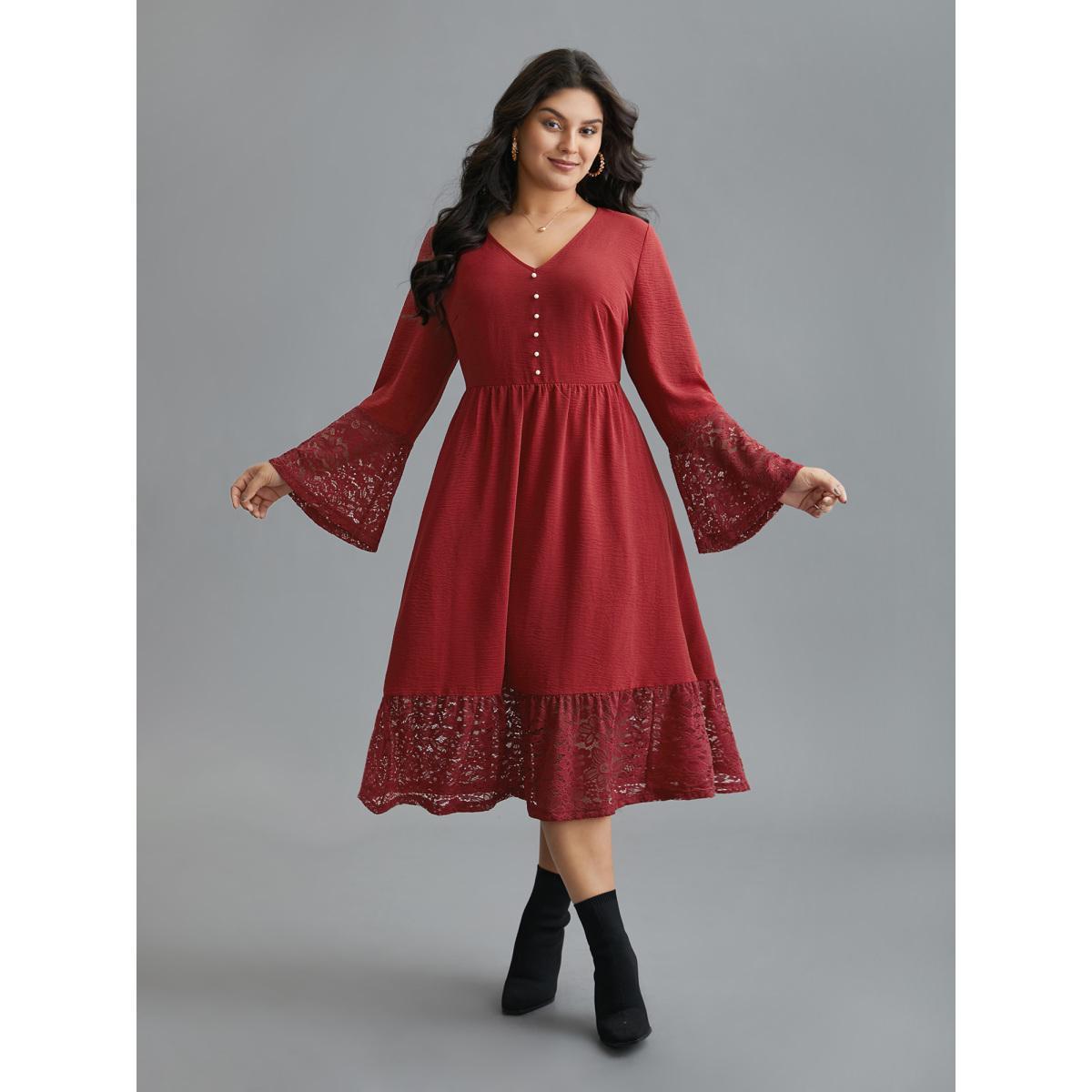 Plus Size Lace Tiered Skirt Elastic Waist V-Neck Dress Burgundy Women Elegant Woven ribbon&lace trim V-neck Long Sleeve Curvy BloomChic 28/5X Product Image