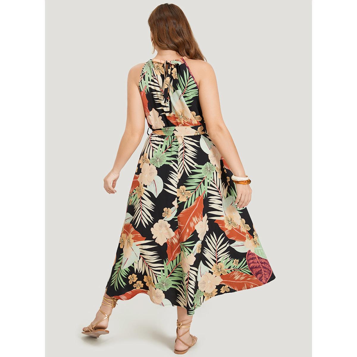 Plus Size Tropical Print Ruffle Hem Pocket Belt Knotted Halter Dress Black Women Vacation Cross straps Halter neck Sleeveless Curvy Midi Dress BloomChic 22-24/3X Product Image