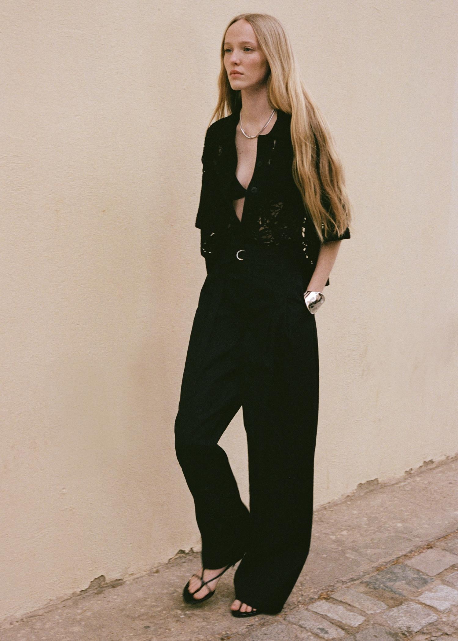 Wideleg cotton pants with belt - Women | MANGO USA Product Image