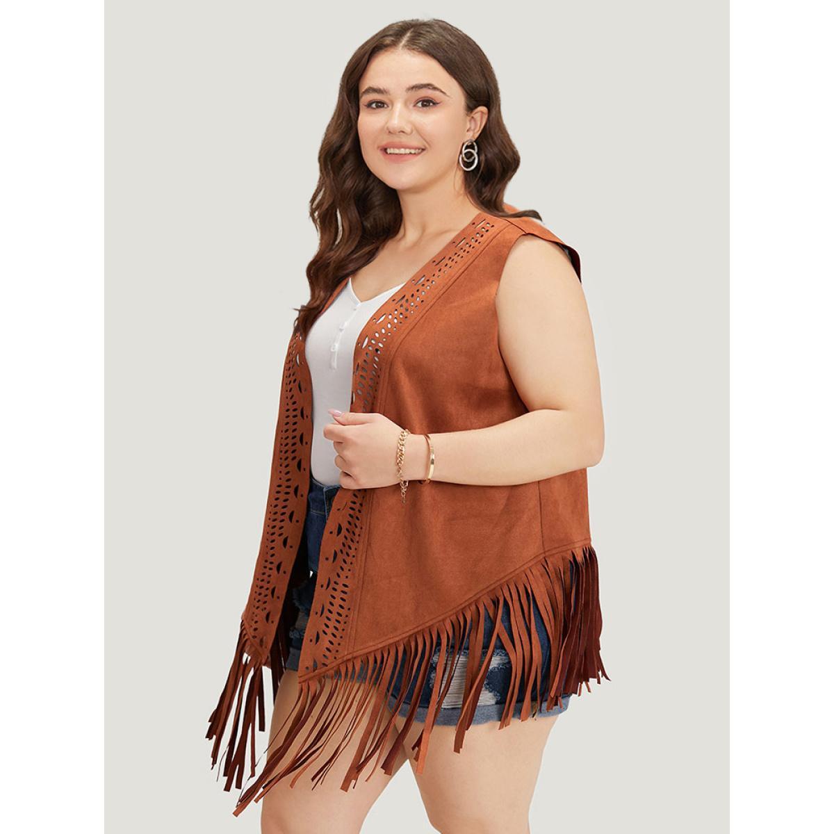 Plus Size Plain Laser Cut Tassel Trim Sleeveless Kimono Women Chocolate Vacation Tassels Dailywear Kimonos BloomChic 28/5X Product Image
