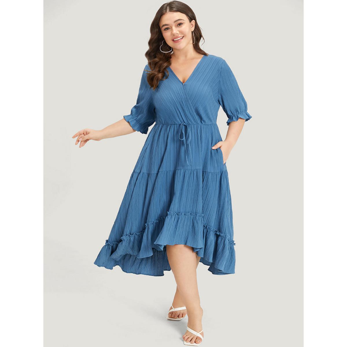Plus Size Solid Textured Pocket Overlap Collar Flutter Trim Dress Stone Women Elegant Texture V-neck Half Sleeve Curvy Midi Dress BloomChic 10/M Product Image