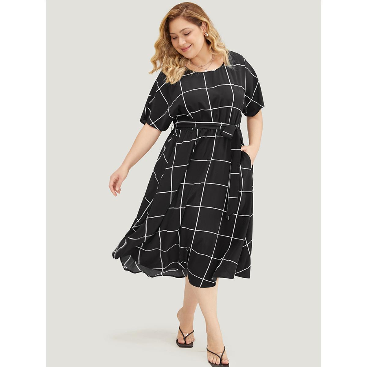 Plus Size Plaid Print Pocket Belted Ruffle Hem Dolman Sleeve Dress Black Women Office Cross straps Round Neck Short sleeve Curvy Midi Dress BloomChic 14-16/1X Product Image