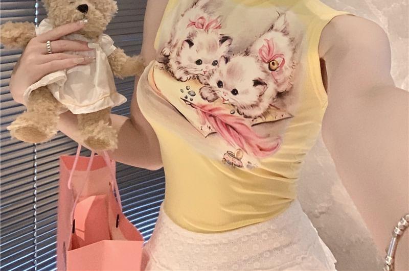 Mock Neck Cat Print Slim Fit Crop Top (Various Designs) Product Image