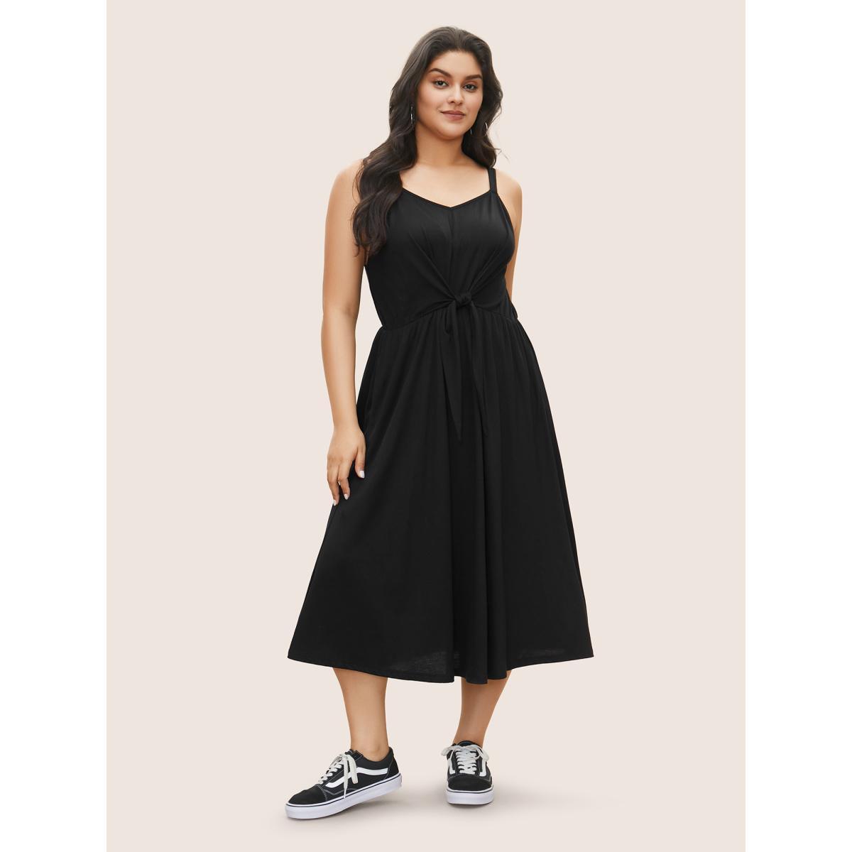 Plus Size Supersoft Essentials Solid Tie Knot Cami Dress Black Women Casual Tie knot Non Sleeveless Curvy Midi Dress BloomChic 12/L Product Image