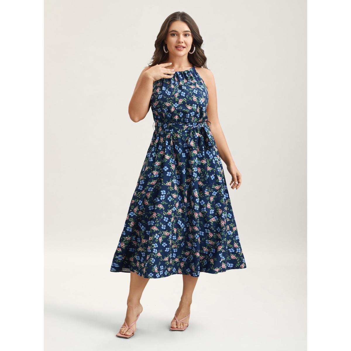Plus Size Floral Print Belted Stretchy Waist Midi Dress Navy Women Elegant Gathered Halter neck Sleeveless Curvy BloomChic 12/L Product Image
