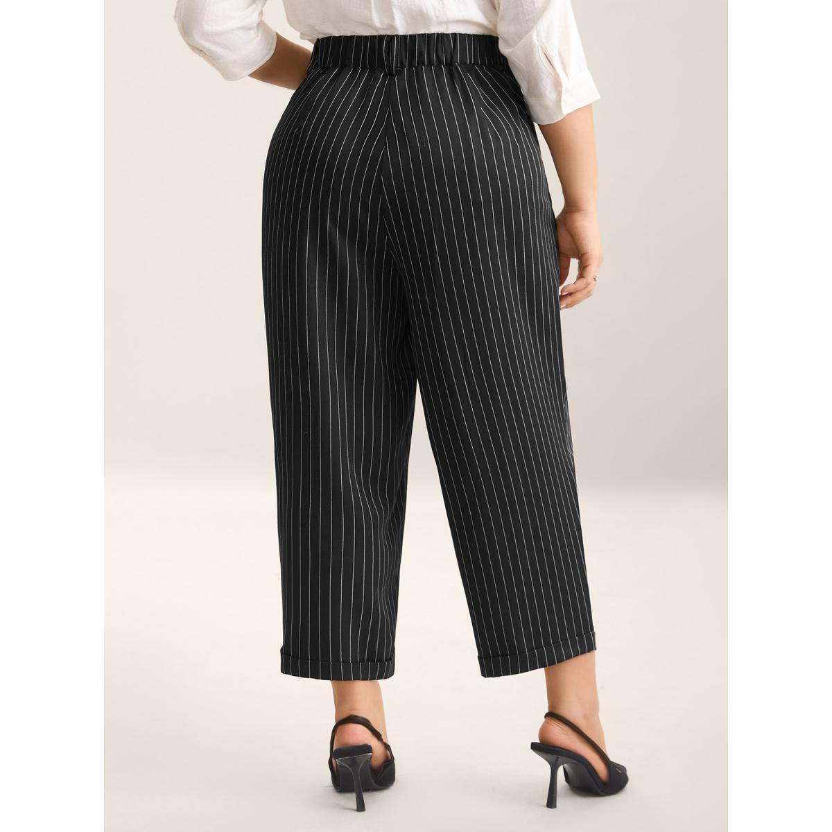 Plus Size Stripes Print Pockets Straight-Fit Pants Women Black At the Office Straight Leg Mid Rise Work Pants BloomChic 28/5X Product Image