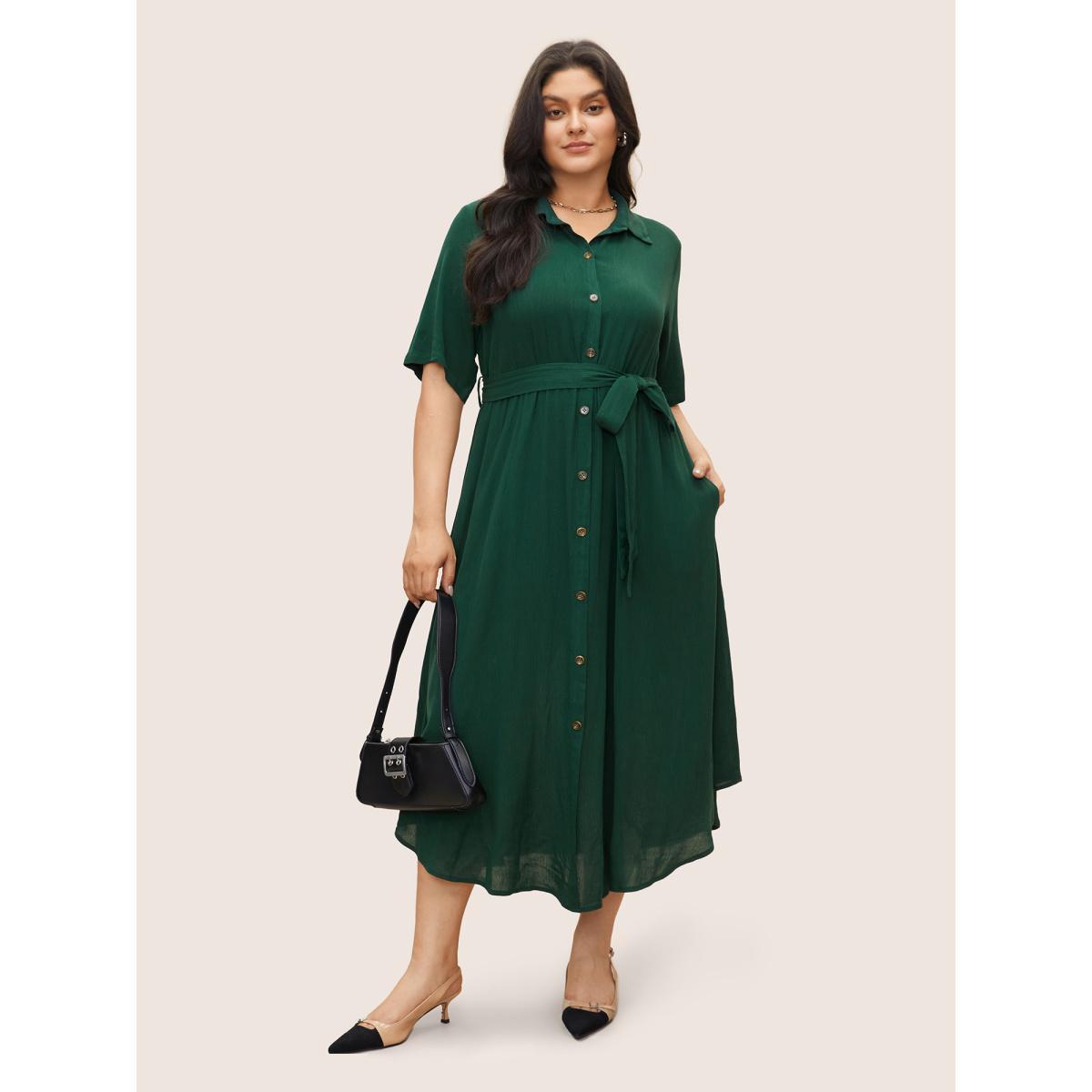 Belted Shirt Collar Button Plus Size Shirtdress Women Workleisure Plain Sleeve Short Sleeve Shirt Collar Pocket Workwear Long Dress BloomChic Product Image