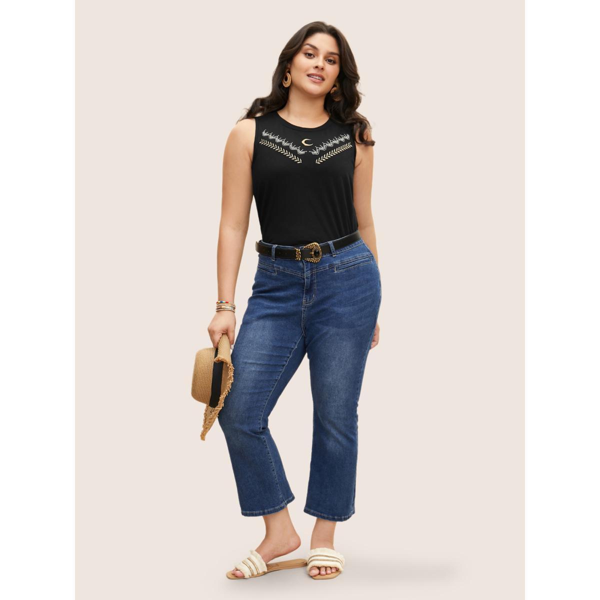 Plus Size Crew Neck Moon & Star Embroidered Tank Top Women Black Resort Embroidered Round Neck Vacation Tank Tops Camis BloomChic 18-20/2X Product Image
