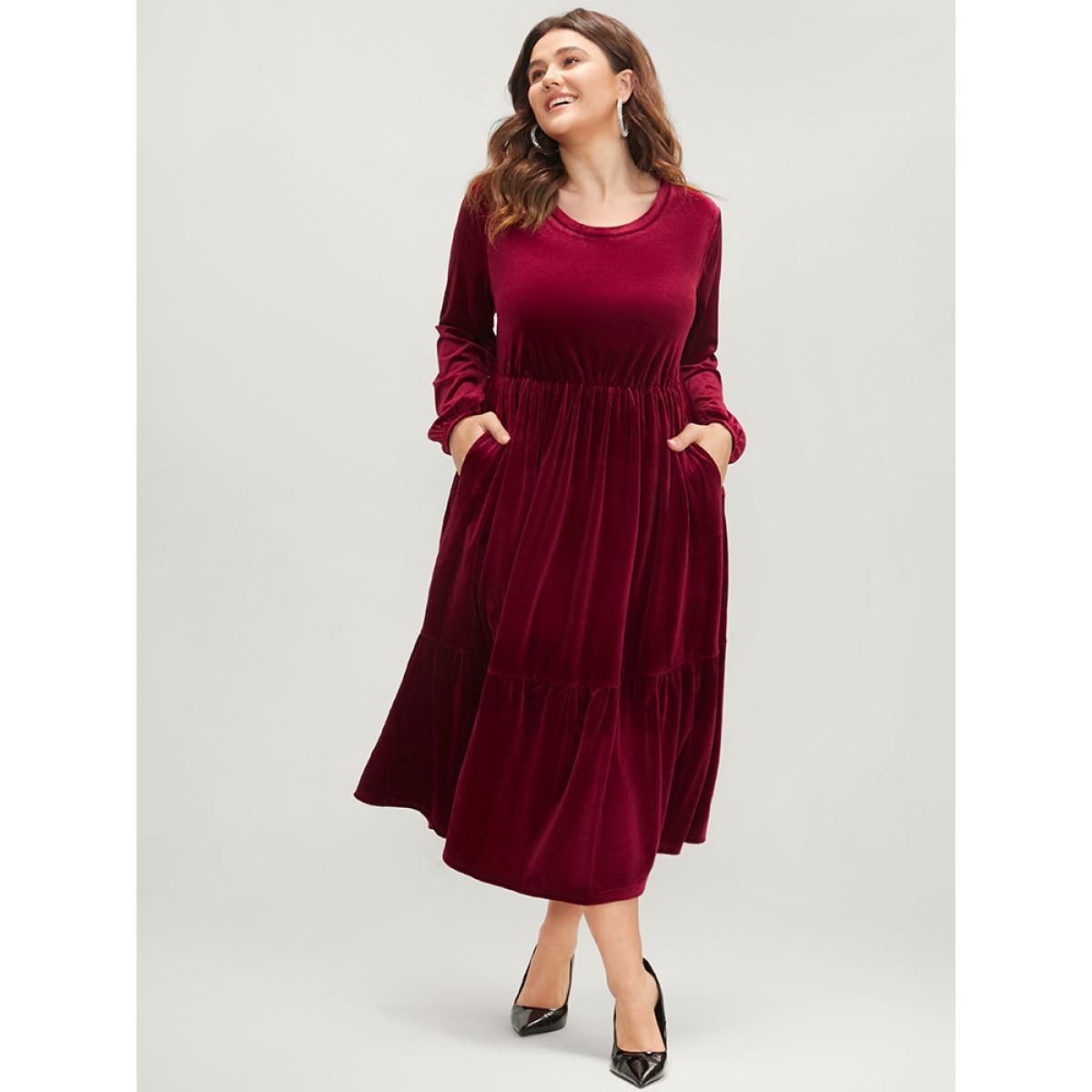 Plus Size Solid Pocket Lantern Sleeve Velvet Flutter Dress Burgundy Women Party Plain Round Neck Long Sleeve Curvy Long Dress BloomChic 26/4X Product Image