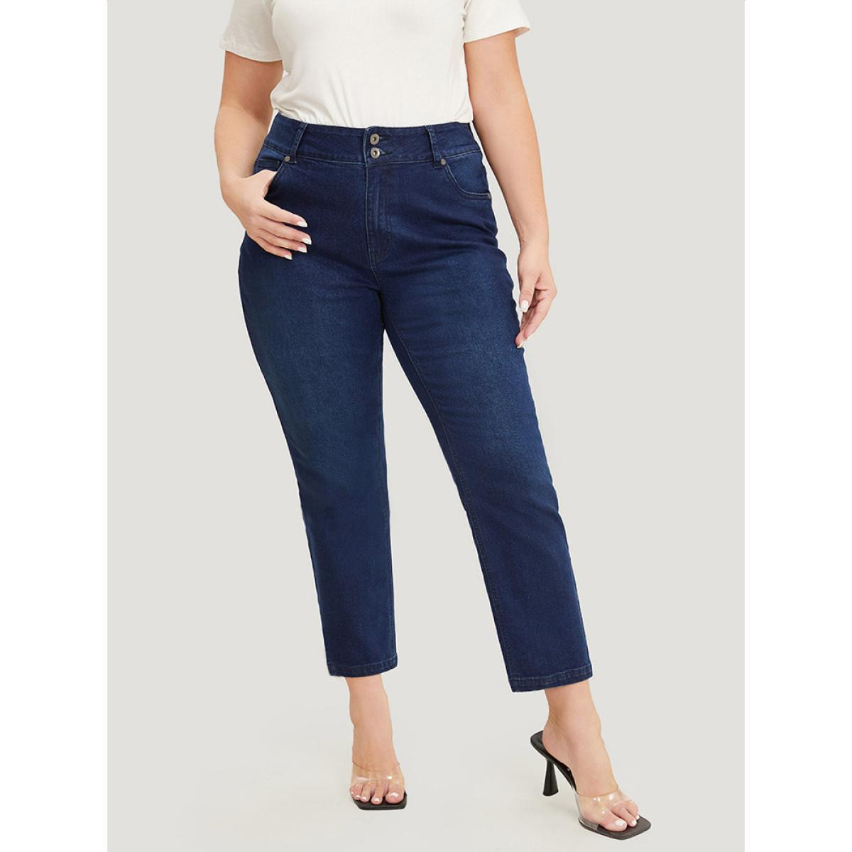 Plus Size Very Stretchy High Rise Dark Wash Embroidery Back Jeans Women DarkBlue Casual Plain Embroidered High stretch Jeans BloomChic 10/M Product Image