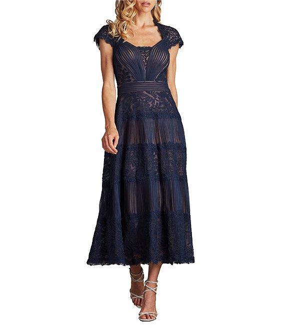 Tadashi Shoji Pleated Lace Scoop Neck Cap Sleeve Embroidered A-Line Gown Product Image