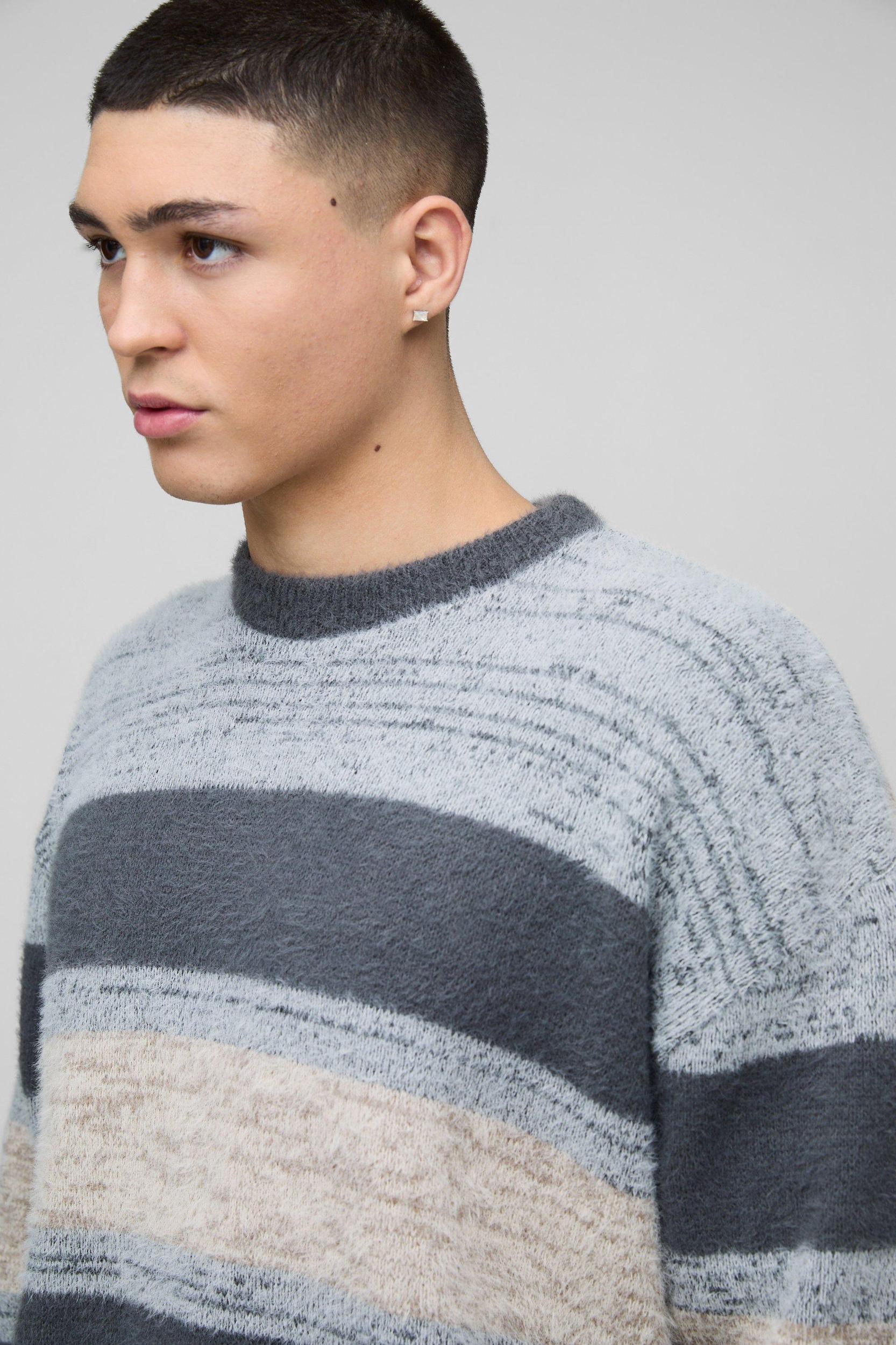 Oversized Brushed Stripe Knitted Sweater | boohooMAN USA Product Image