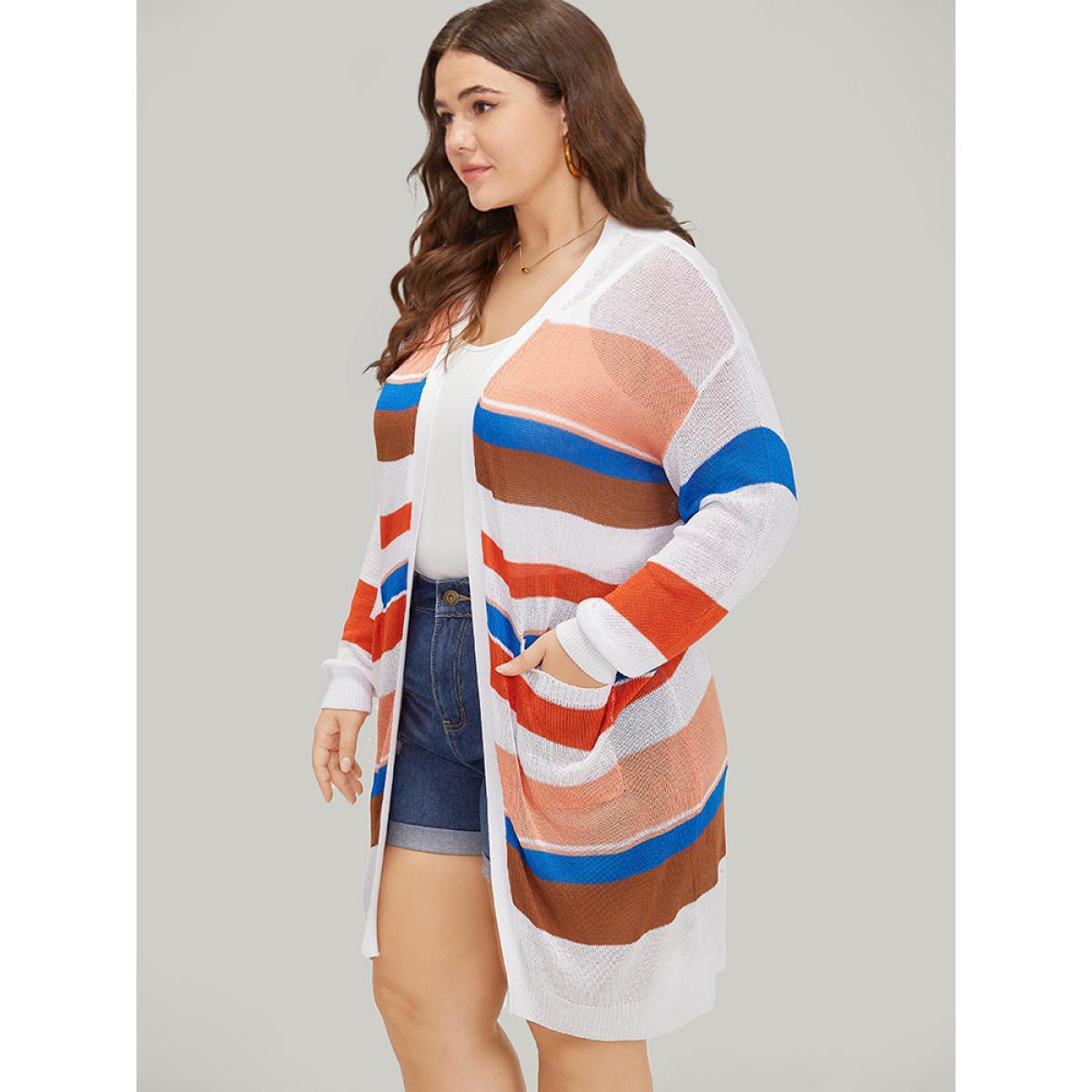 Plus Size Colorblock Contrast Pocket Tunic Open Front Cardigan Multicolor Women Casual Loose Long Sleeve Dailywear Cardigans BloomChic 14-16/1X Product Image