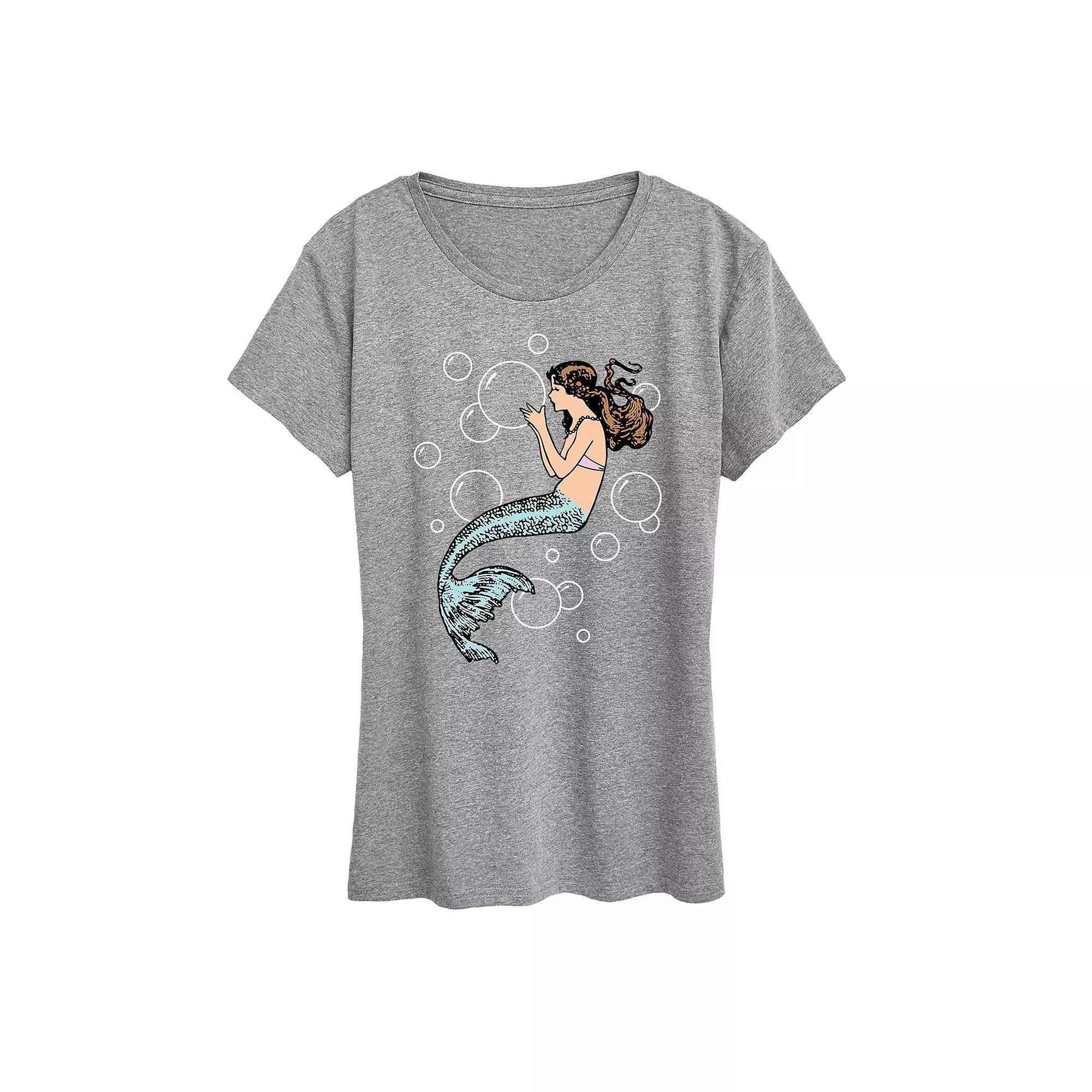 Women's Mermaid Holding Bubbles Graphic Tee, Size: Medium, Grey Gray Product Image