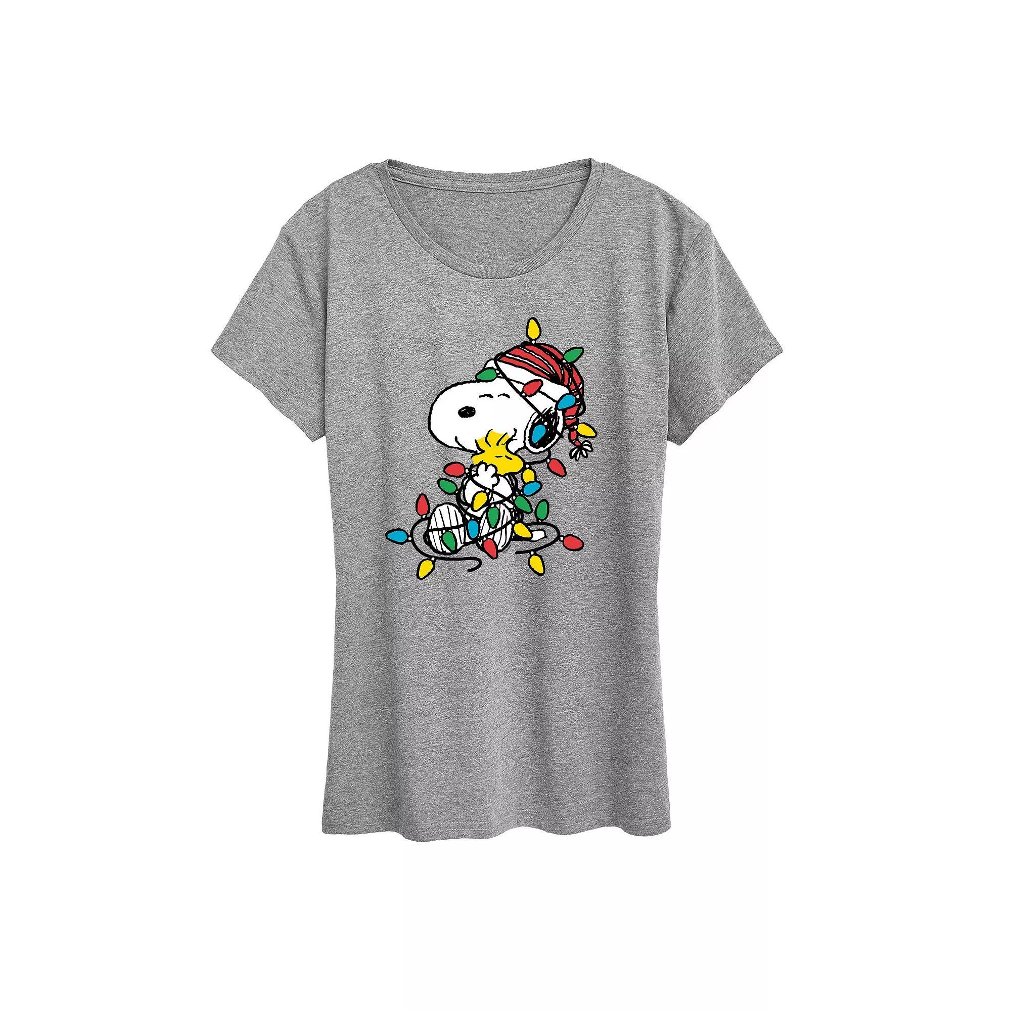 Women's Peanuts Snoopy & Woodstock Christmas Lights Graphic Tee, Size: XXL, Grey Gray Product Image