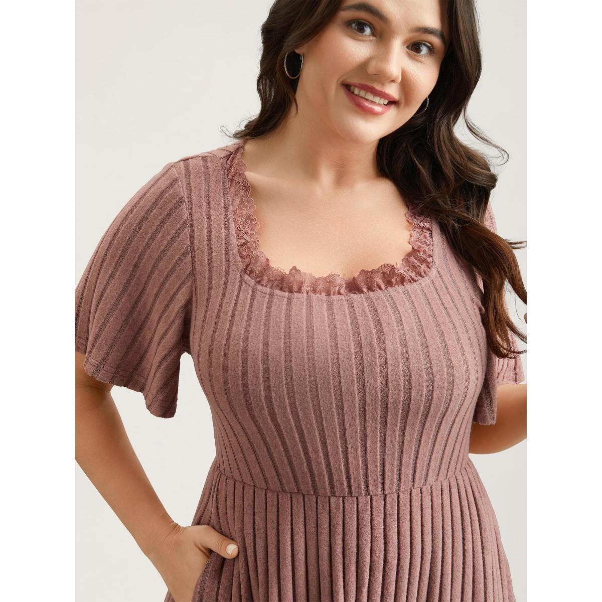 Plus Size Ribbed Ruffled Lace Edges Midi Dress Dirtypink Women Casual Woven ribbon&lace trim Knit Dresses Bloomchic 14-16/1X Product Image