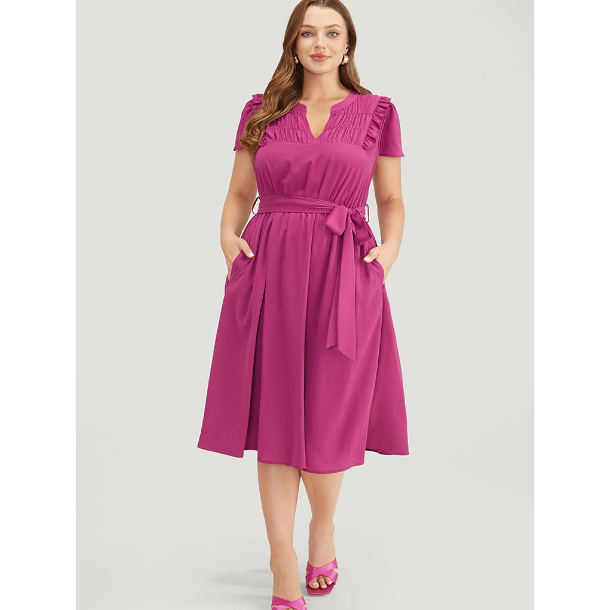 Plus Size Plain Notched Shirred Frill Trim Pocket Belted Dress RedViolet Women Office Gathered Notched collar Short sleeve Curvy Midi Dress BloomChic 28/5X Product Image