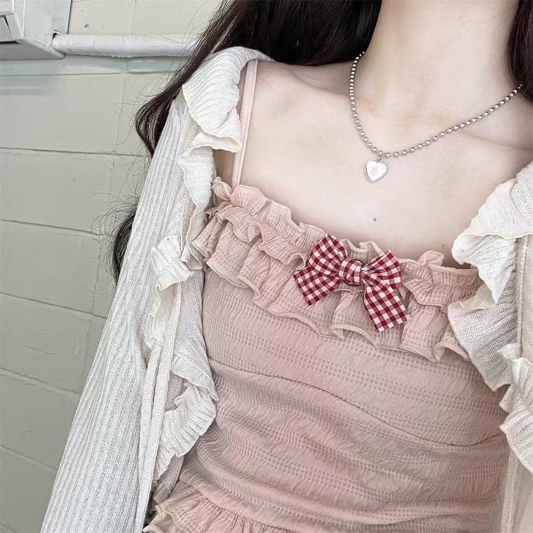 Plain Ruffle Hem Bow Camisole Top / Flared-Cuff Drawstring Ribbed Shrug Product Image
