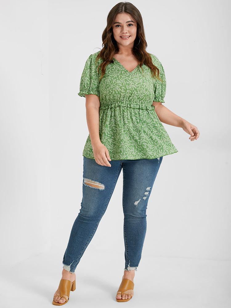Ditsy Floral Ruffled Trim Puff Sleeve V Neck Blouse Female Product Image
