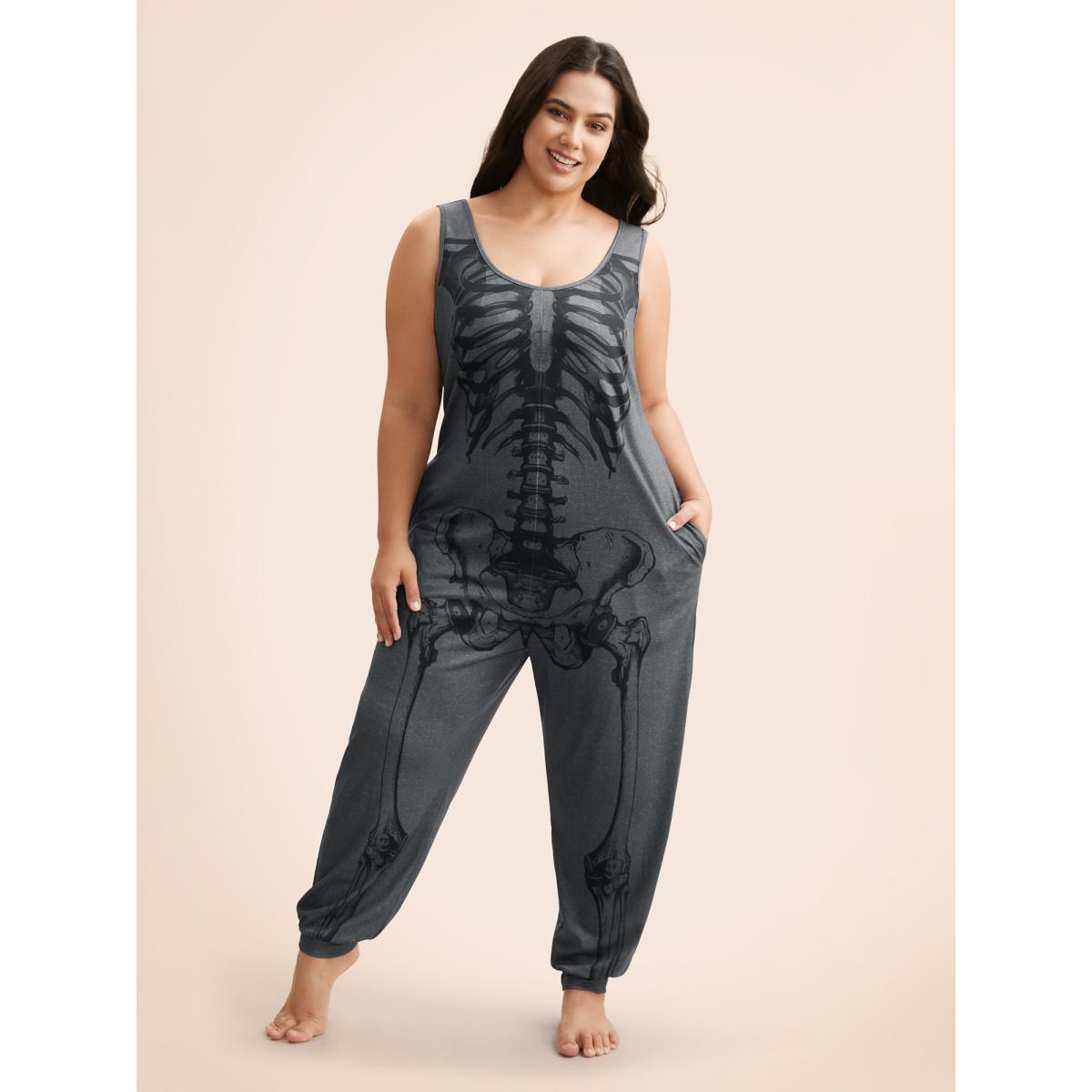 Plus Size Mediumgray Skeleton Printed Off-Sleeves Jumpsuit Women Cocktail Sleeveless U-neck Party Loose Jumpsuits BloomChic 22-24/3X Product Image