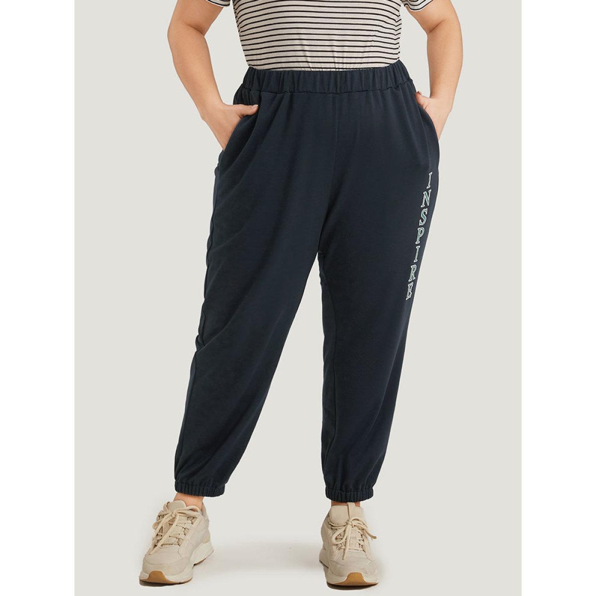 Letter Print Contrast Pocket Elastic Waist Sweatpants Midnight Plus Size Women Casual Dailywear Plain 28/5X Bloomchic Product Image